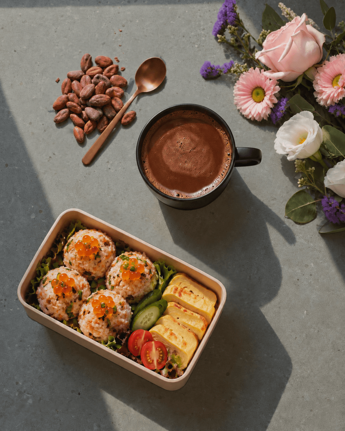 A Kakao drink, hand-made salmon rice ball bento and fresh flowers arranged together