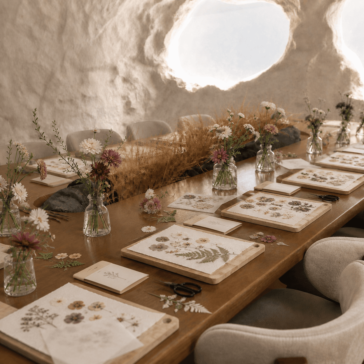 A warmly lit table prepared with pressed flowers and materials for the Pressed Blume Workshop.