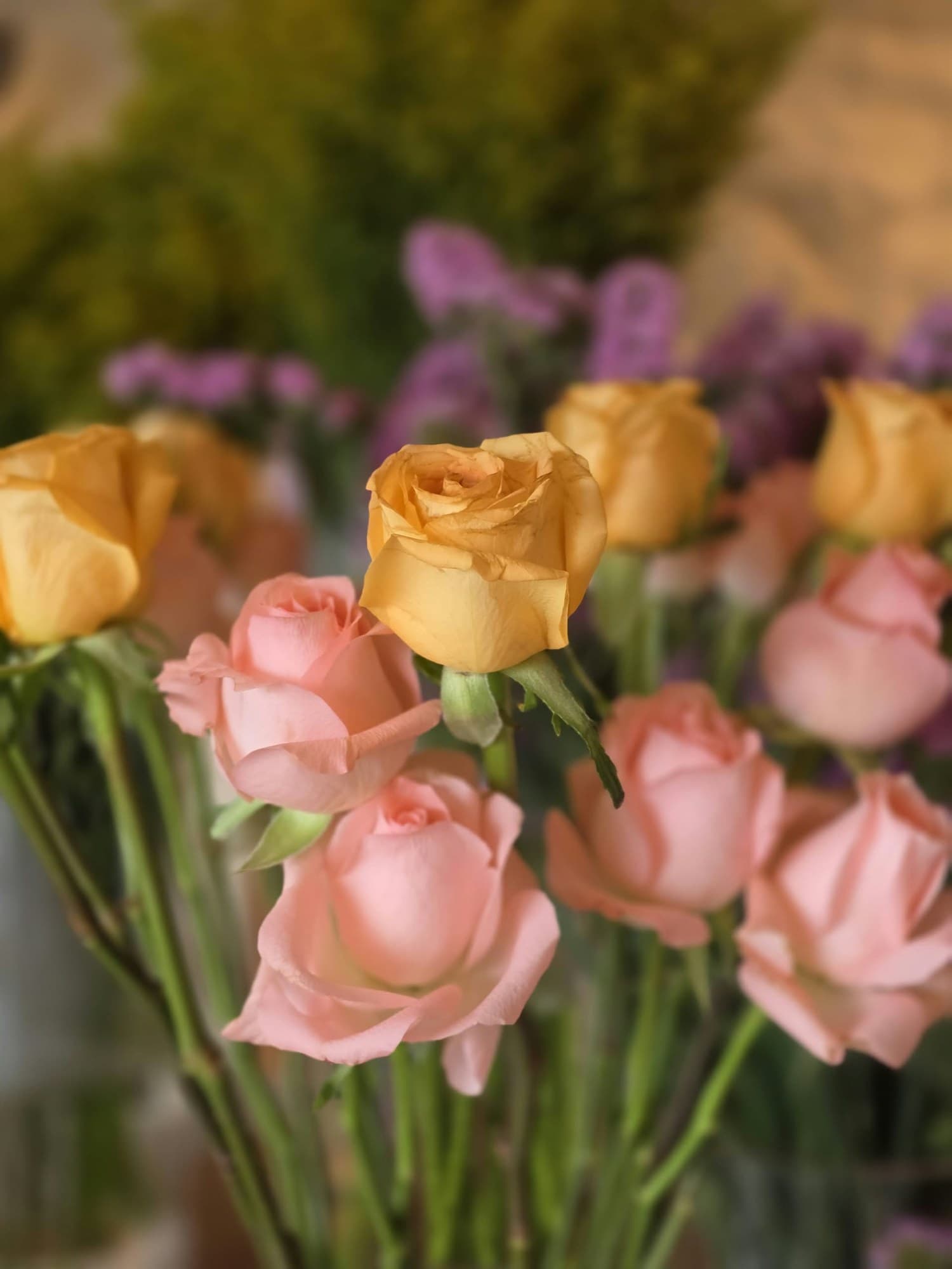 Pink and golden roses prepared for the mini bouquet experience.