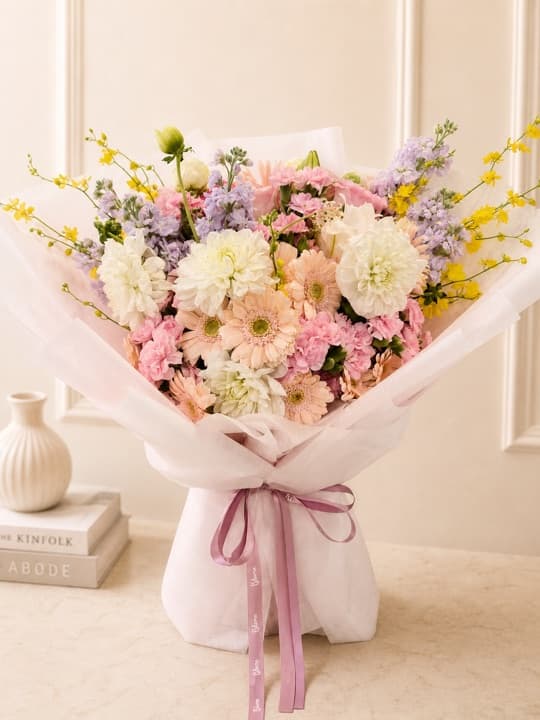 Pastel bouquet of blush, ivory and lilac flowers with dancing yellow accents.